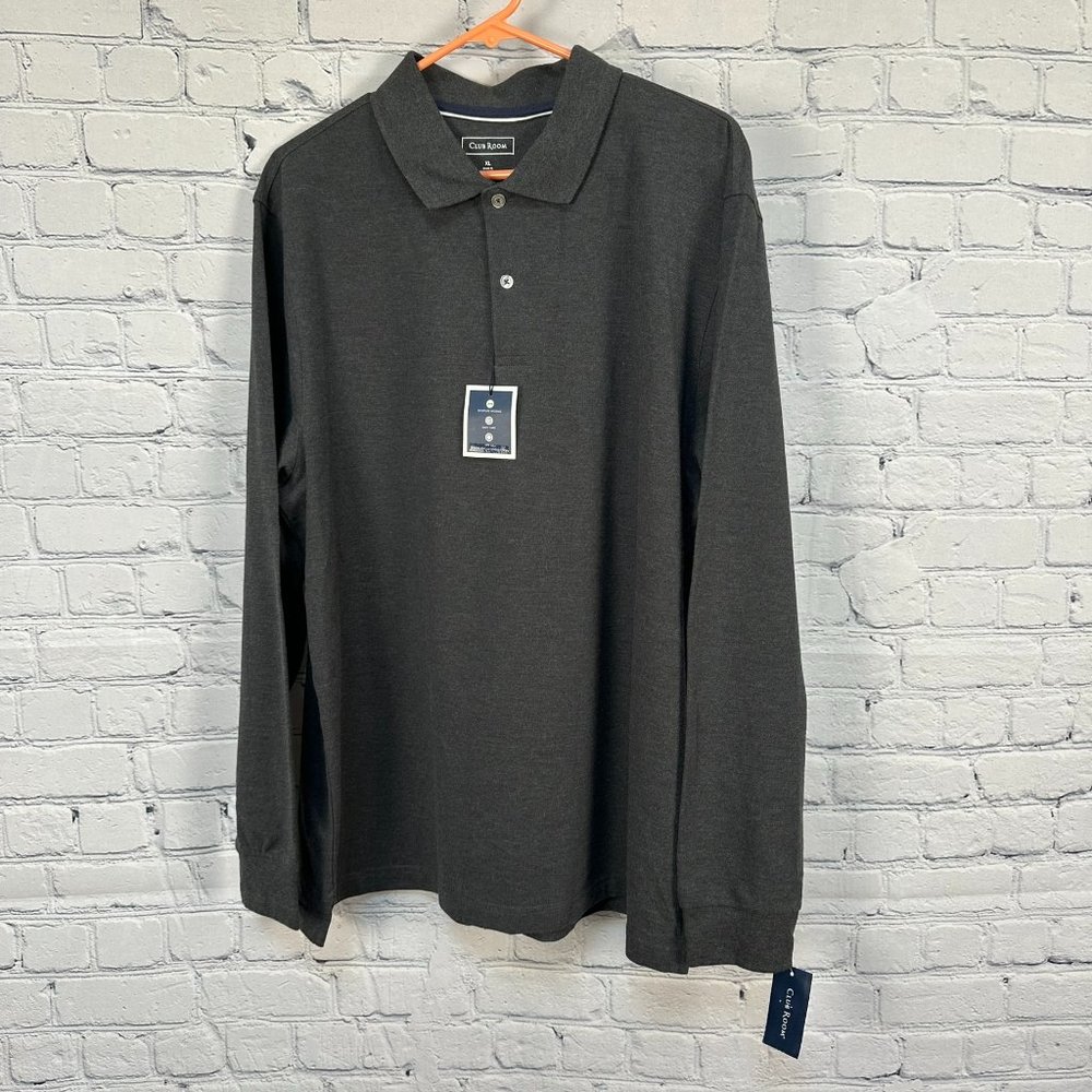 Club Room Men's Long Sleeve Collared Pique Polo, Size XL, Dark Lead